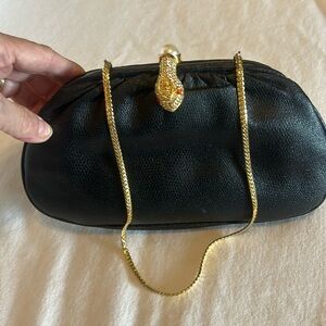 J Tira’s VTG Black Clutch Evening Bag w/ Embellished Snake, Pearl, Gold Chain